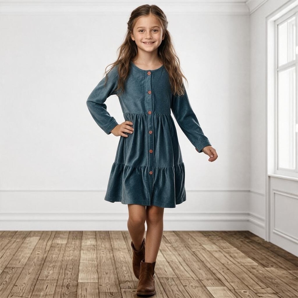 Biscotti Collezioni Girls Teal Blue Corduroy Tiered Button Front Dress Size 5